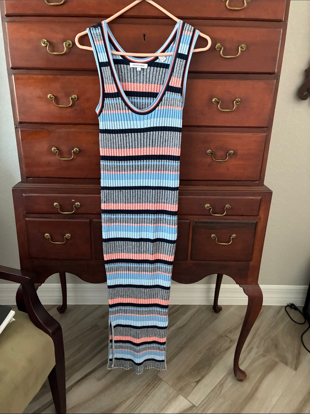 Veronica Beard Ribbed Sleeveless Striped Maxi Dress in Blue, Pink, Black